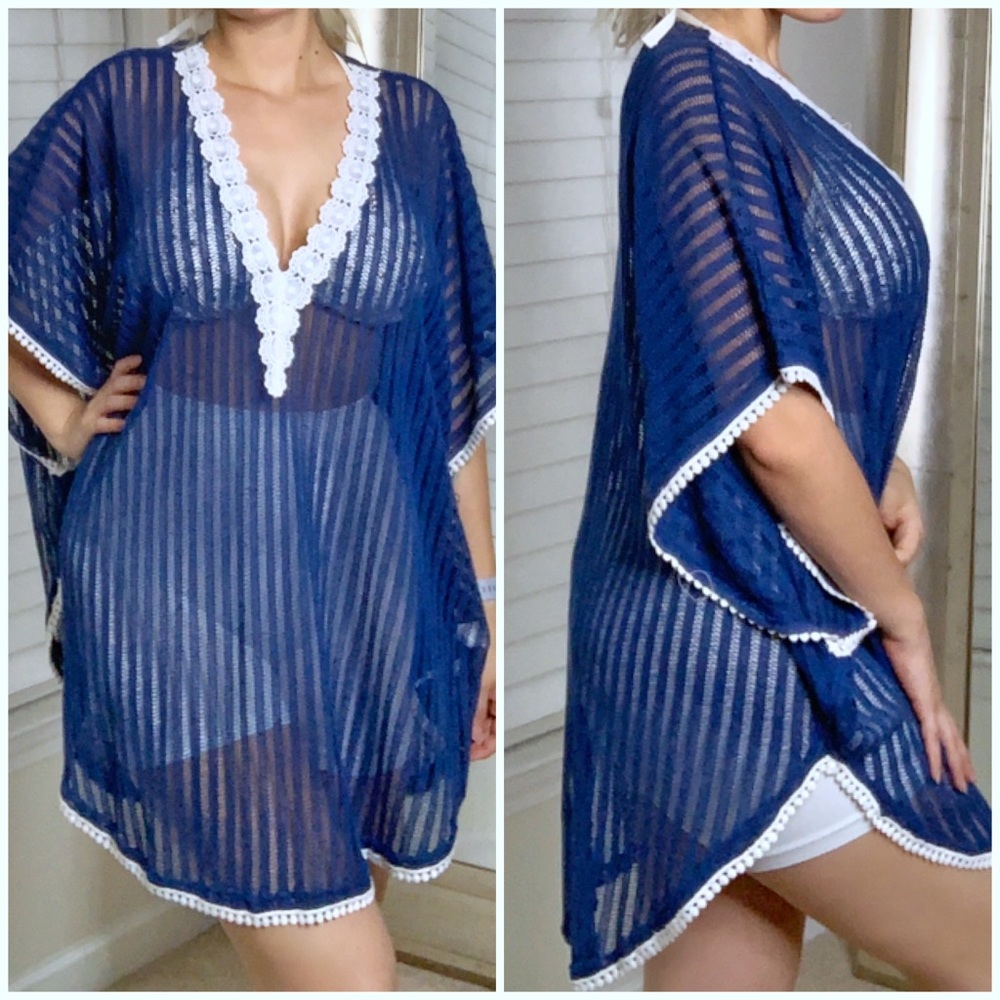 Blue and white bathing suit cover